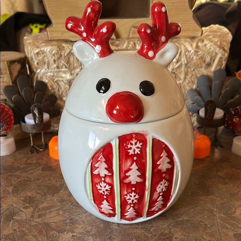Festive Red and White Reindeer Cookie/Treat Jar
